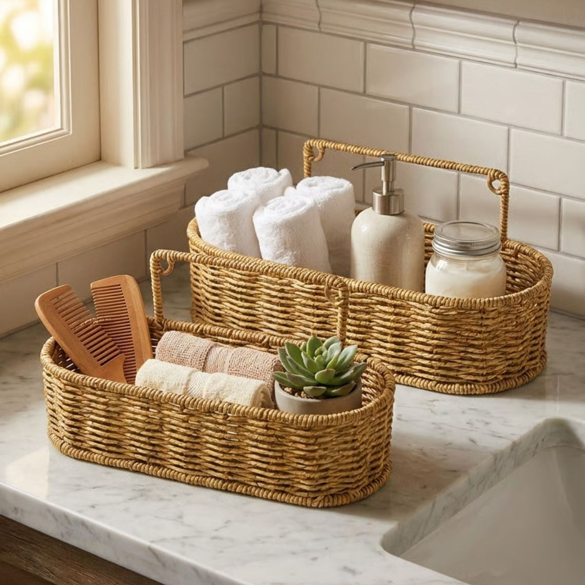 BUFFER® 2’li Duvar Askılı Plastik Rattan Organizer – Oval Hasır Görünümlü Mutfak Raf Sepeti, Banyo ve Ev İçi Düzenleme Ünitesi