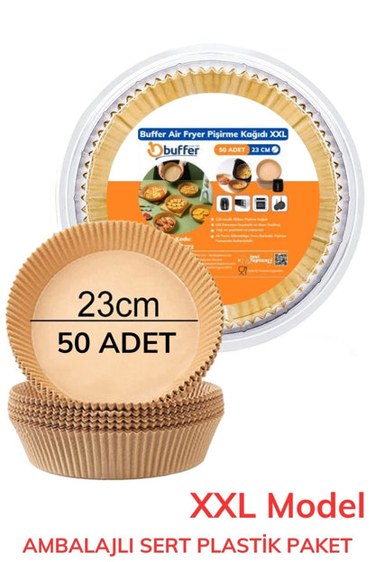 BUFFER® 50 Adet 20 cm Air Fryer Pişirme Kağıdı Tek Kullanımlık Yağ Geçirmez Yuvarlak Tabak Model PVC