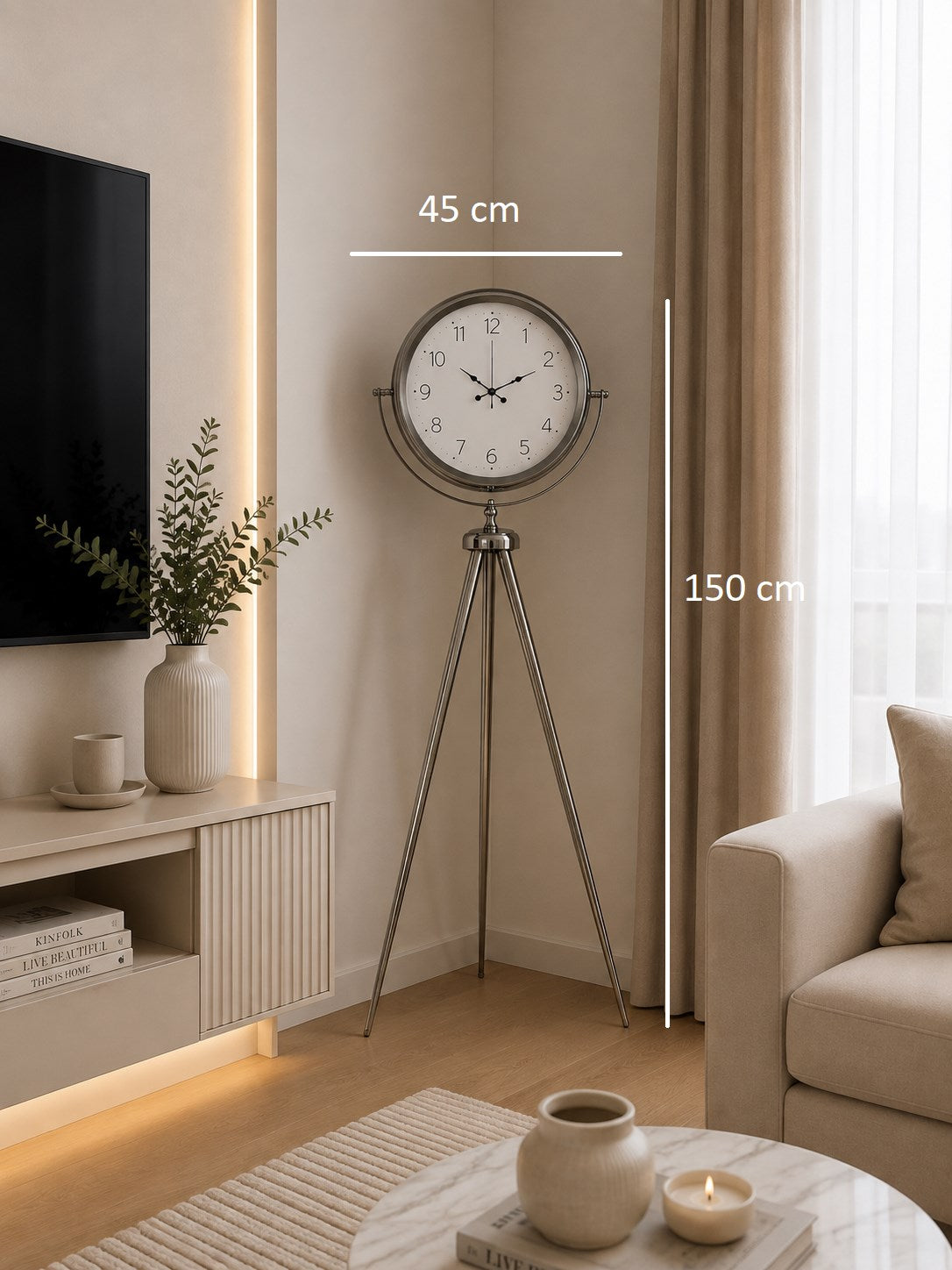 Krom Klasik Tripod 150 x 45 Cm Metal Ayaklı Saat