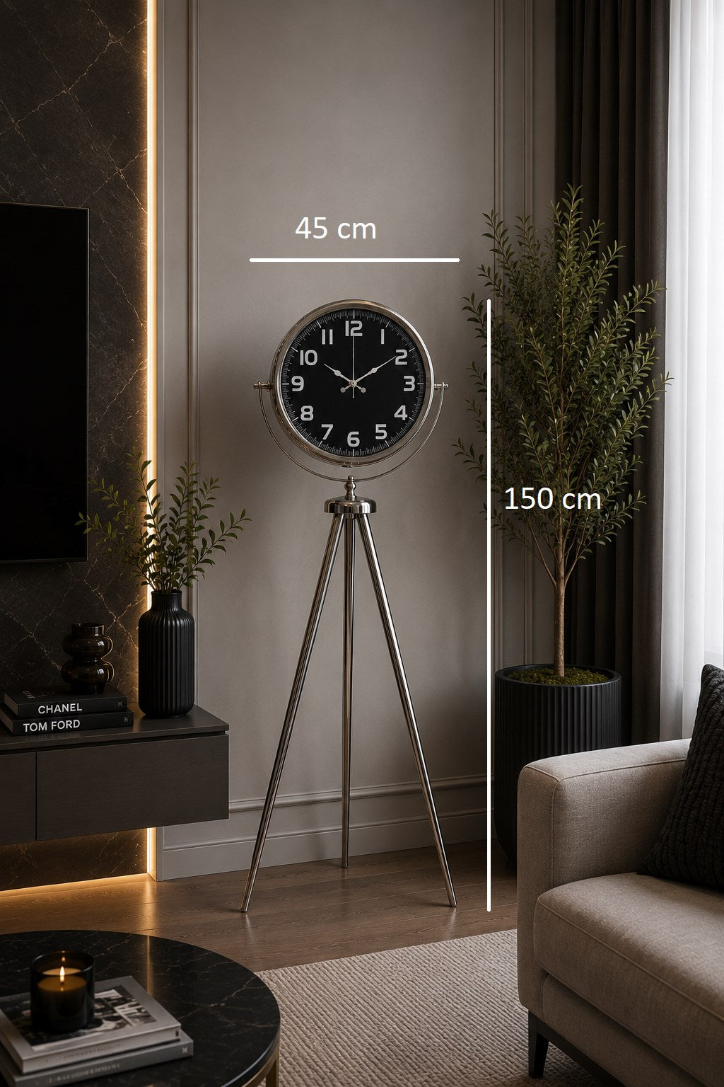 Krom Majesty 150 x 45 Cm Metal Tripod Ayaklı Saat