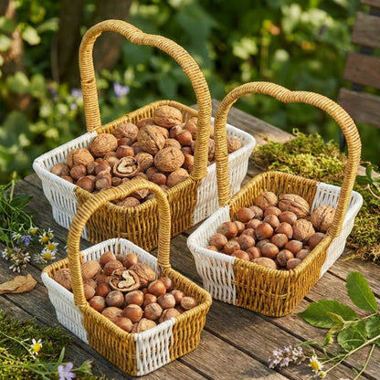 BUFFER® İç İçe Geçebilen 3’lü Çift Renkli Dikdörtgen Formlu Kalp Saplı Plastik Rattan Sepet Seti – Hasır Görünümlü Çok Amaçlı Organizerler