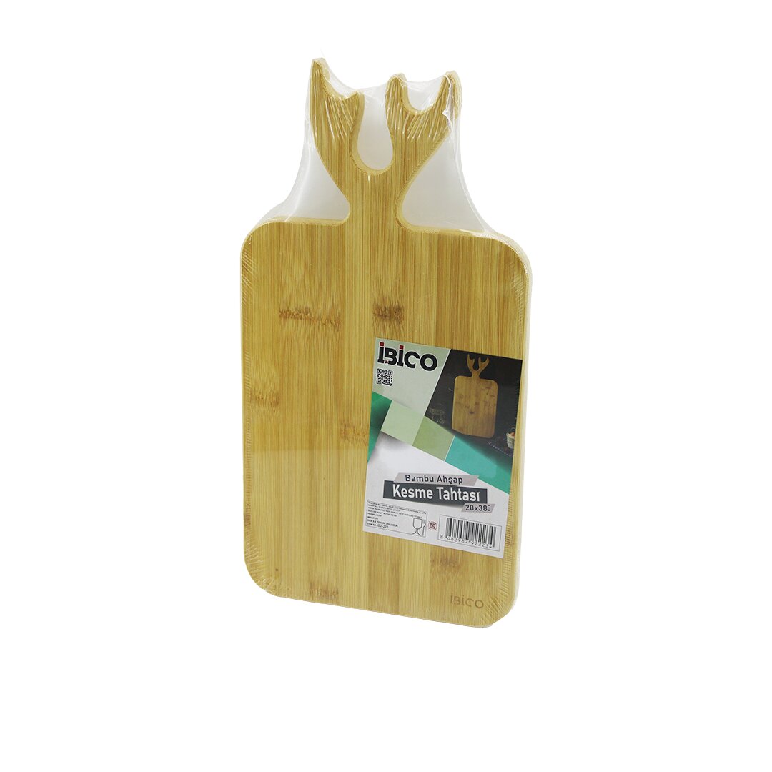 DİKDÖRTGEN=22X38CM AHŞAP BAMBU KESİM PANOSU - KESME TAHTASI GEYİK BOYNUZ FİGÜR SAPLI (5643)
