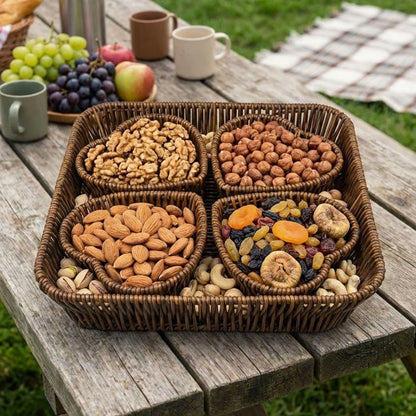 BUFFER® 5 Parça,4 Kalp Formlu Plastik Rattan Sunum ve Kahvaltı Seti-Bölmeli Çerezlik ve Meyvelik-Doğal Hasır Görünümlü Tepsi ve Sunum Tabakları