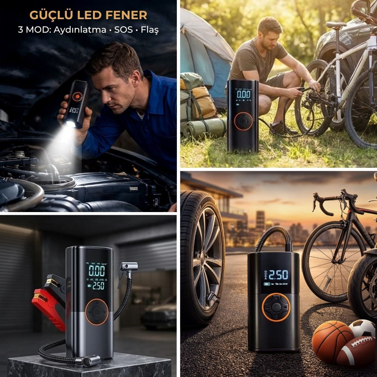 BUFFER® Akü Takviye Cihazı ve Lastik Şişirme Pompası 16000mAh – Powerbank Özellikli, Dijital Ekranlı SOS Fenerli Taşınabilir Kompresör