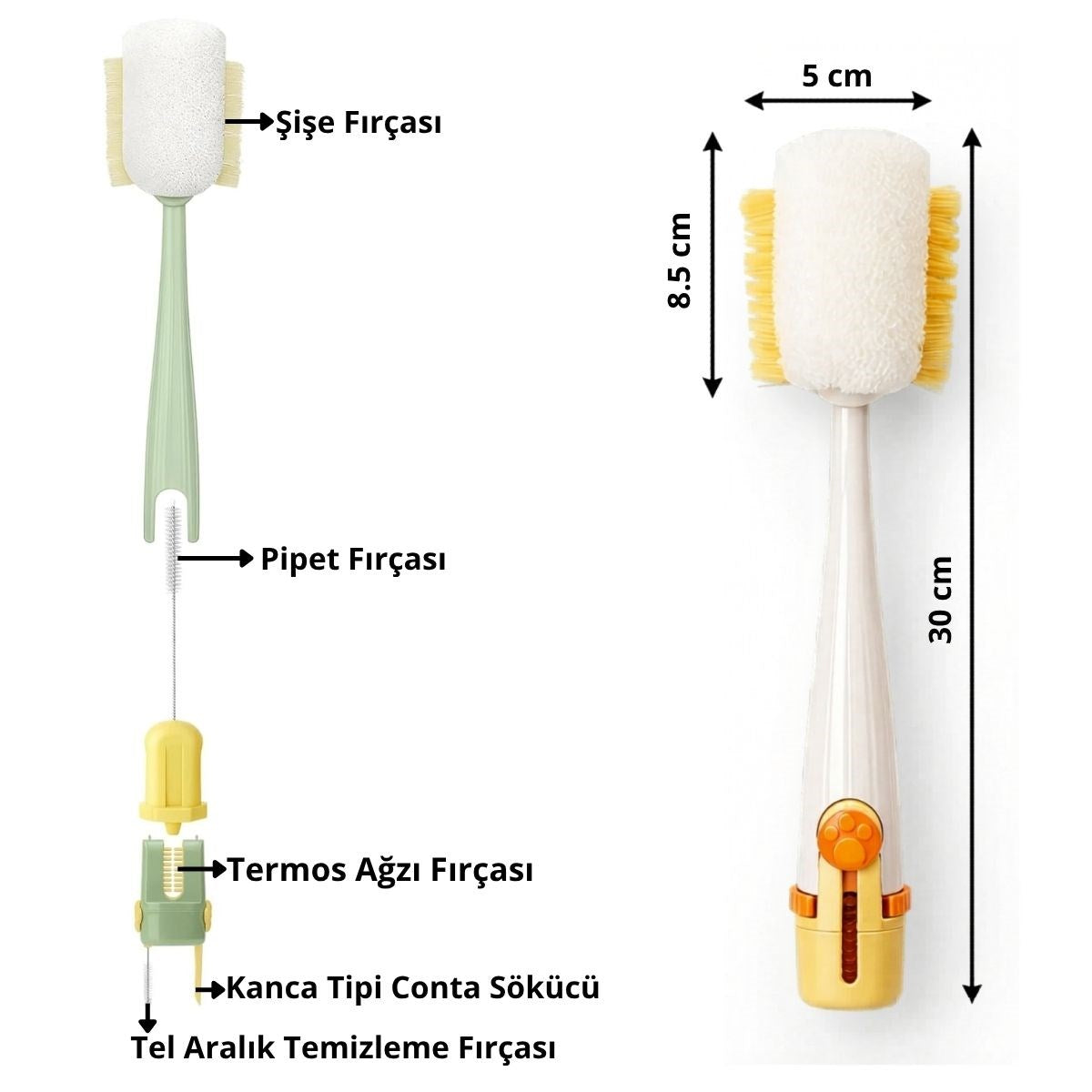 BUFFER® 5’i 1 Arada Çok Amaçlı Şişe Temizleme Fırçası – Sürahi, Kavanoz, Pipet, Kapak, Emzik ve Biberon Temizlik Seti