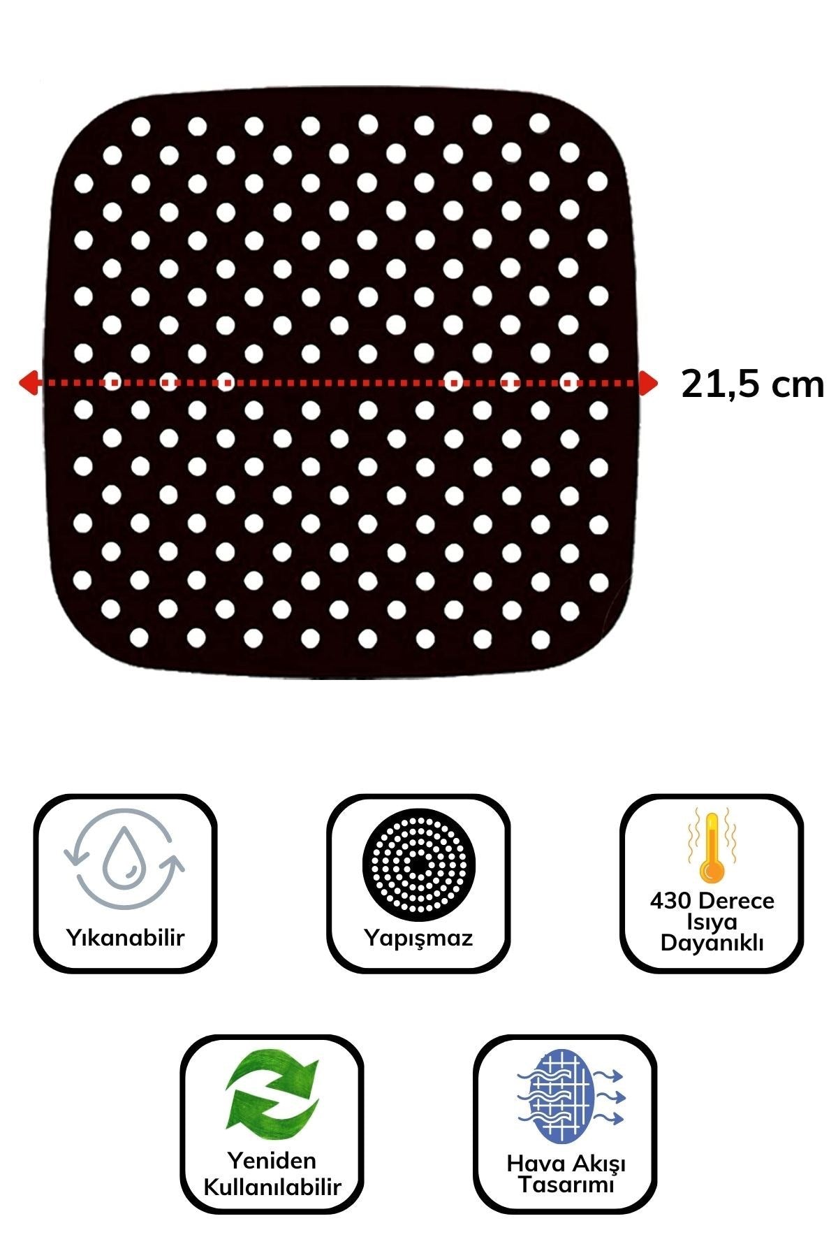 BUFFER® Siyah Isıya Dayanıklı Yıkanılabilir Silikon Fırın Ve Airfryer Kare Model Pişirme Matı 21,5 Cm