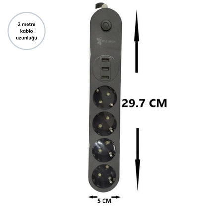 BUFFER® 4lü Siyah Anahtarlı 3 USB Li Akım Korumalı Topraklı Çocuk Korumalı Grup Priz 2 Metre