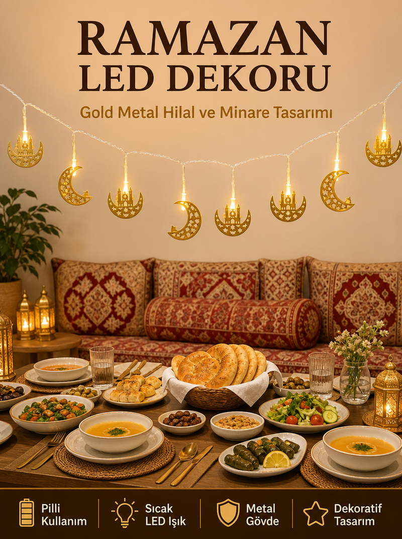 Minareli Hilal LED Işık Gold Metal Gövdeli Pilli Ramazan Dekoru