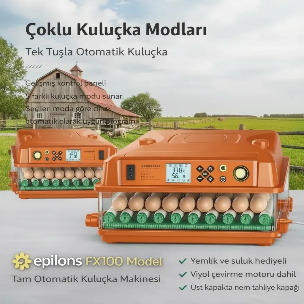 FX100 Tam Otomatik Kuluçka Makinesi – 100 Yumurta Kapasiteli | Yeni Nesil Havalandırma | Otomatik Motorlu Su Alma Sistemi | Dijital Isı ve Nem Kontrolü