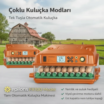 FX100 Tam Otomatik Kuluçka Makinesi – 100 Yumurta Kapasiteli | Yeni Nesil Havalandırma | Otomatik Motorlu Su Alma Sistemi | Dijital Isı ve Nem Kontrolü