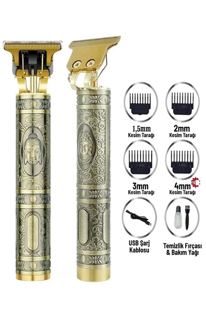 Gold Uçlu Vintage Şarjlı Traş Makinesi Saç Sakal Ense Çizim Vucüt Kılı Tıraş Makinası