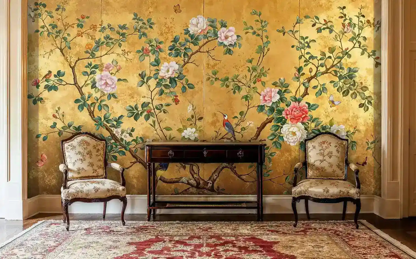 Gilded Chinoiserie Birds and Peonies Wall Mural