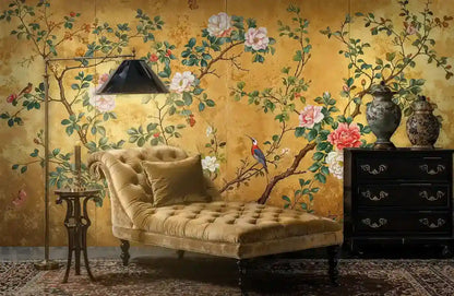 Gilded Chinoiserie Birds and Peonies Wall Mural