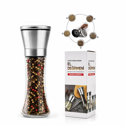 HAND GRINDER BÜYÜK CAM HAZNELİ - KROM KAPLAMA PLS.KAPAKLI TUZ - BAHARAT ÖĞÜTÜCÜ (5643)