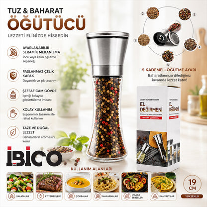 HAND GRINDER BÜYÜK CAM HAZNELİ - KROM KAPLAMA PLS.KAPAKLI TUZ - BAHARAT ÖĞÜTÜCÜ (5643)