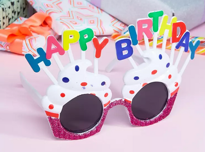 Happy Birthday Yazılı Beyaz Fuşya Renk Beyaz Pastalı Parti Gözlüğü 12x7 cm