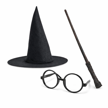 Harry Potter Tarzı Çocuk Seti (siyah Keçe Şapka, Asa, Gözlük)