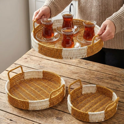 İç İçe Geçebilen 3’lü Yuvarlak Plastik Rattan Tepsi Seti–Çift Renkli Hasır Görünümlü Çok Amaçlı Servis ve Sunum Tepsileri (5643)