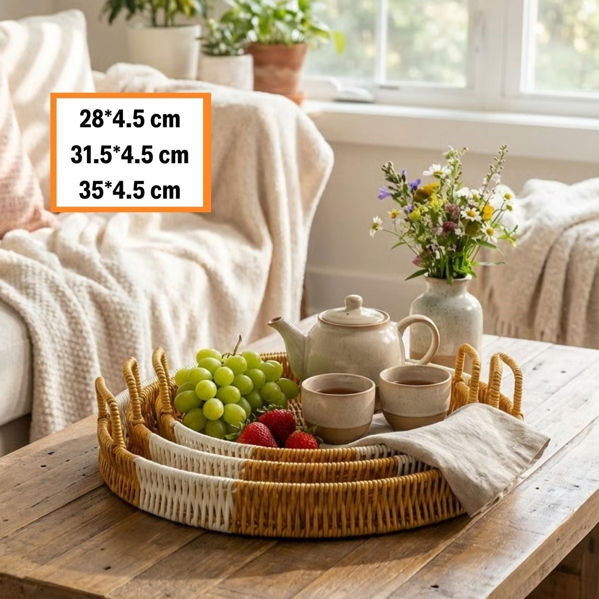 İç İçe Geçebilen 3’lü Yuvarlak Plastik Rattan Tepsi Seti–Çift Renkli Hasır Görünümlü Çok Amaçlı Servis ve Sunum Tepsileri (5643)