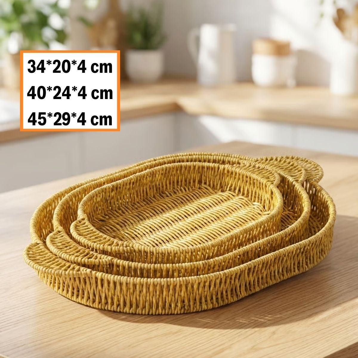 İç İçe Geçebilen 3’lü Oval Plastik Rattan Tepsi Seti–Hasır Görünümlü Çok Amaçlı Servis ve Sunum Tepsileri (5643)
