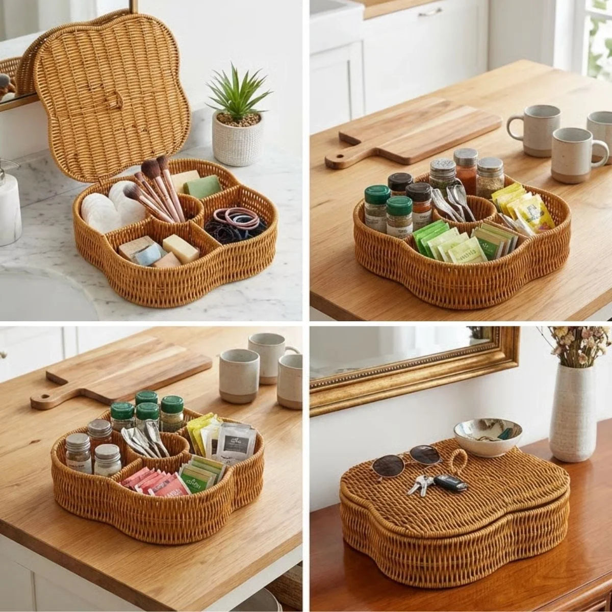 Kapaklı 5 Bölmeli Plastik Rattan Organizer Kutu – Hasır Desenli Çok Amaçlı Saklama ve Sunum Sepeti Çerezlik