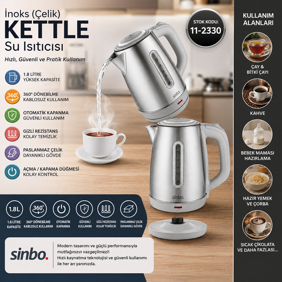 İnoks Çelik Kettle Su Isıtıcısı Kablosuz Kullanım 1.8LT 360° Dönebilme Otomatik Kapanma SK-8031