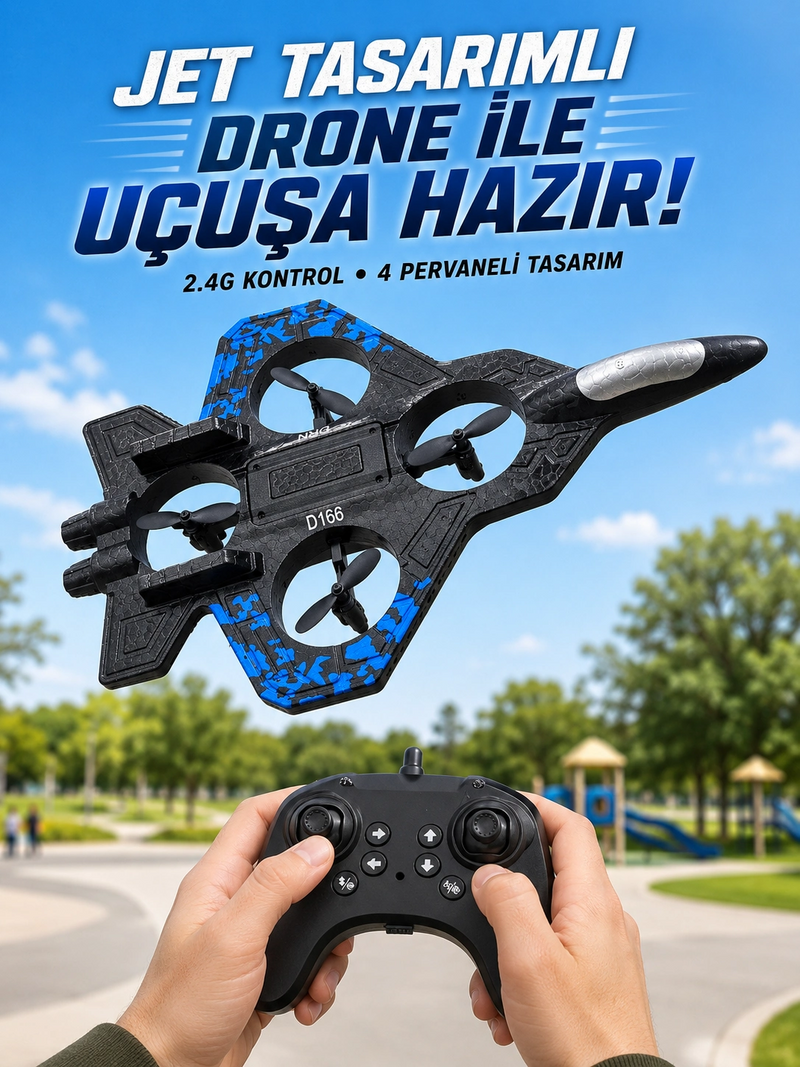 Jet Tasarımlı Uzaktan Kumandalı Drone 4 Pervaneli 2.4g 360 Derece Takla Led Işıklı Uçak