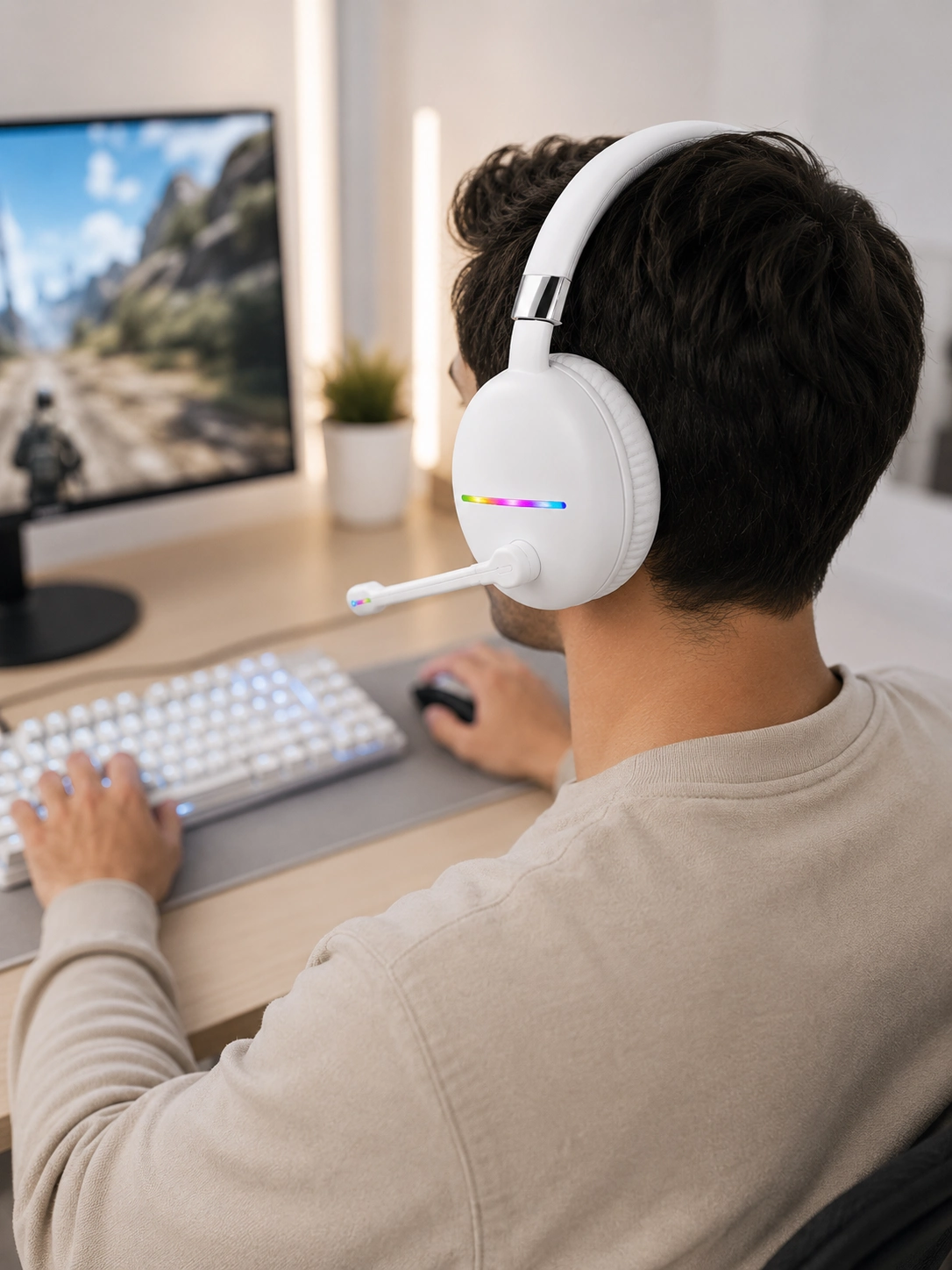 Kablosuz Bluetooth Mikrofonlu Beyaz Kulaklık Rgb Işıklı