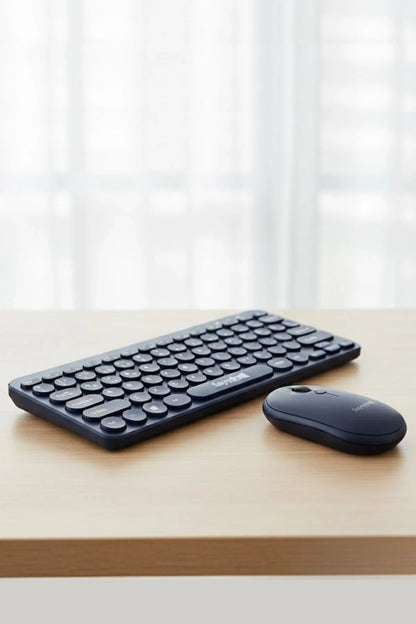 Kablosuz Lacivert Bluetooth Klavye Mouse Seti – Yuvarlak Tuşlu Tasarım, Türkçe Q Dizilim, Taşınabilir, Ev ve Ofis Kullanımına Uygun
