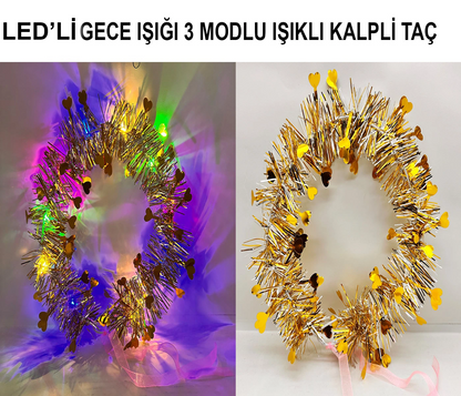 Kalp Püsküllü Gece Parıltısı 3 Modlu Led'li Işıklı Taç Altın Renk