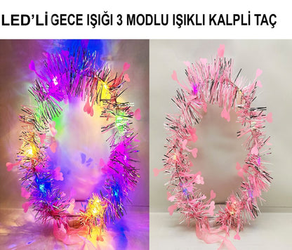 Kalp Püsküllü Gece Parıltısı 3 Modlu LED li Işıklı Taç Pembe Renk