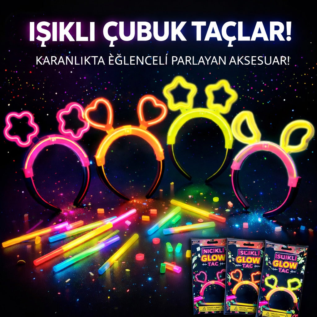 Karanlıkta Parlayan Glow Taç Seti 12 Adet – Yıldız Kalp Ay Çiçek (Her Model 3 Adet) (5643)