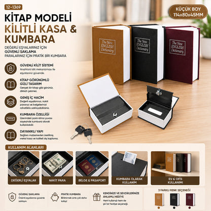 KÜÇÜK=114X80X45MM KİTAP MODELİ KİLİTLİ KASA - KUMBARA RENKLİ (5643)