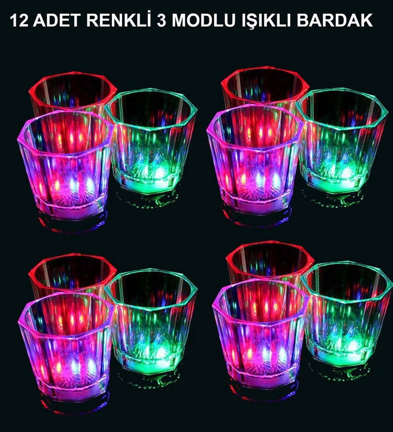 Led Işıklı Eğlence Bardakları - 3 Modlu Renk Değiştiren Bardak 12 Adet