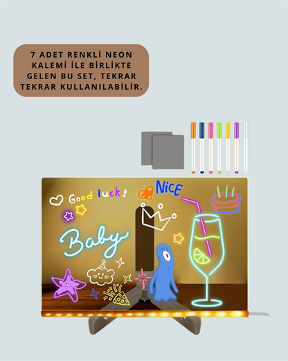 Şık ve Modern LED Pano – Neon Işıklı Silinebilir Akrilik Yazı Tahtası, 7 Renkli Kalem Dahil