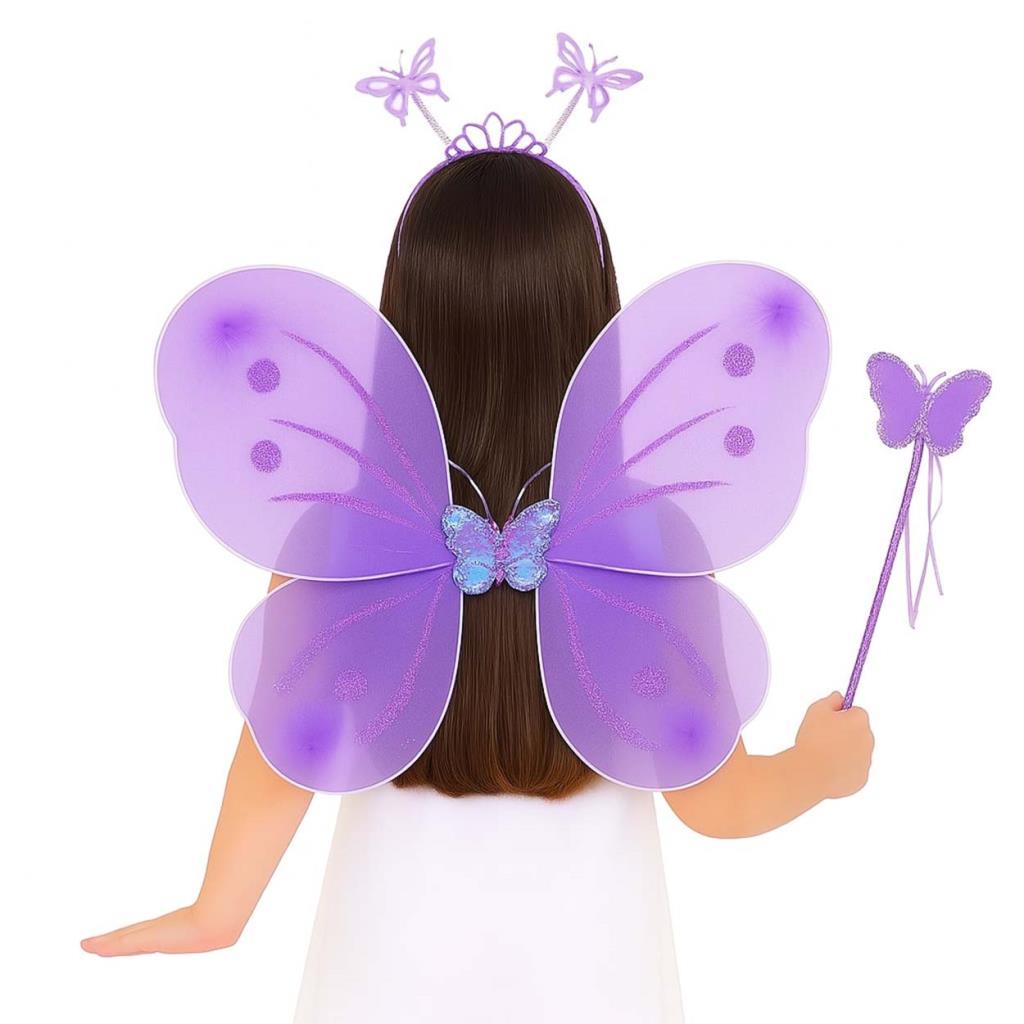 Lila Mor Kız Seti – 50 cm Kanadı, Taç ve Asa