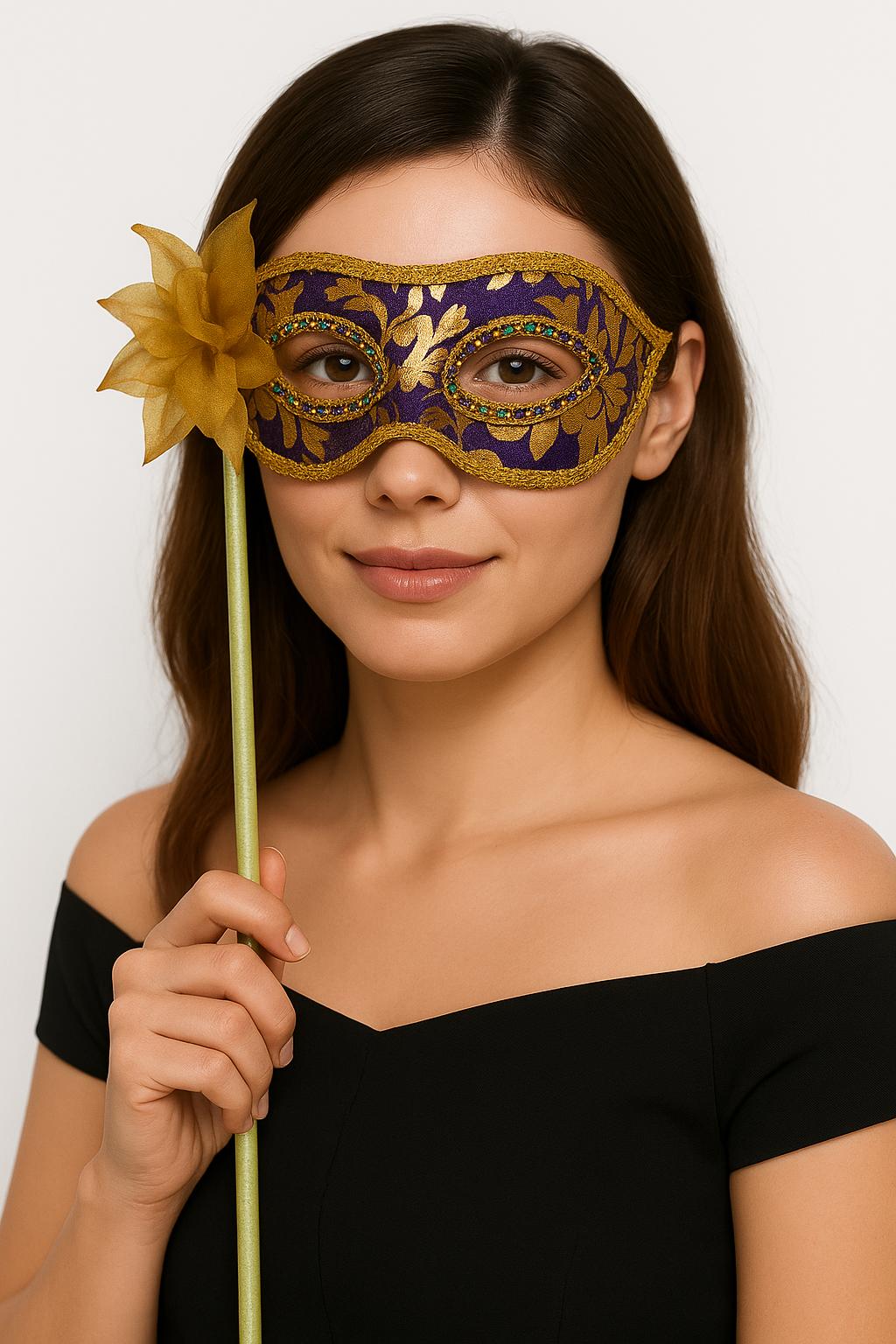 Lüks Taşlı Saplı Maskeli Balo Maskesi Mor Renk 35 cm (5643)