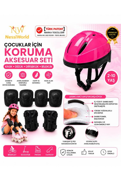 Çocuk Kaskı Ve Dizlik, Dirseklik Eldiven Set Pembe/siyah