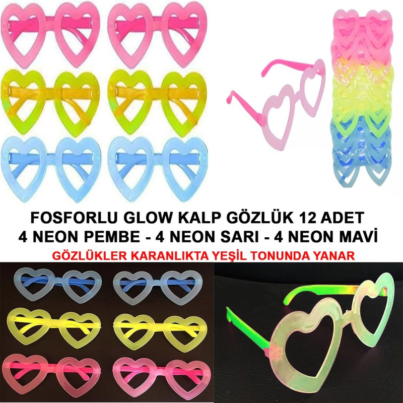 Fosforlu Kalp Gözlük 12 Adet – 80’ler 90’lar Parti Stili