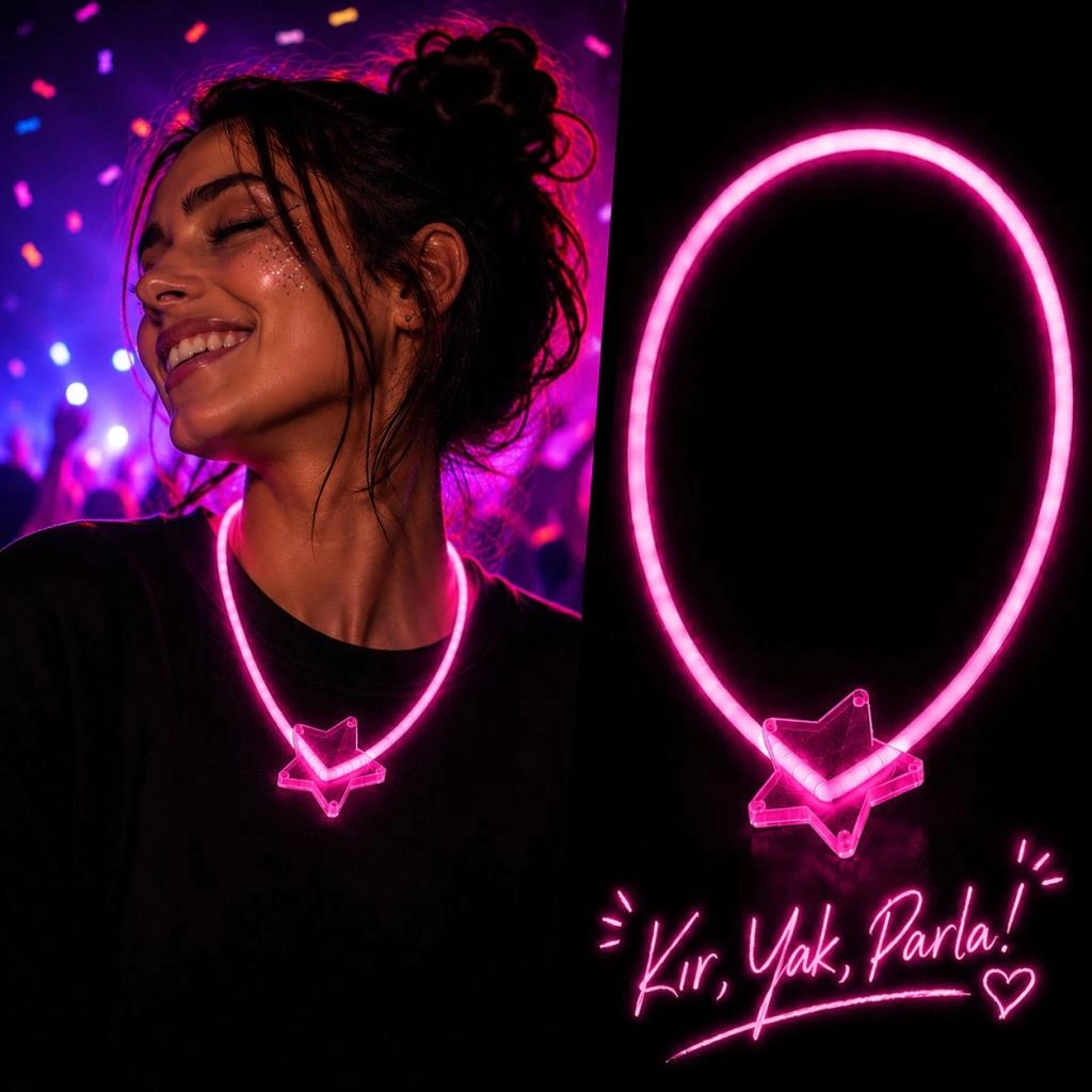 Glow Yıldız Kolye Neon Fosforlu Işıklı Kolye Pembe Renk