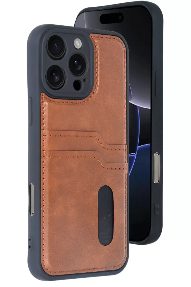 iPhone 16 Pro Kılıf Sara Kartvizitli Deri Kılıf - Taba