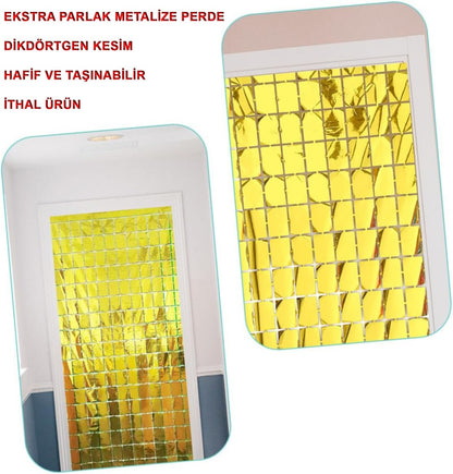 NessiWorld Ekstra Metalize Altın Renk Disko Dikdörtgen Kesim Kapı Perdesi Dekorasyon 1x2 Metre