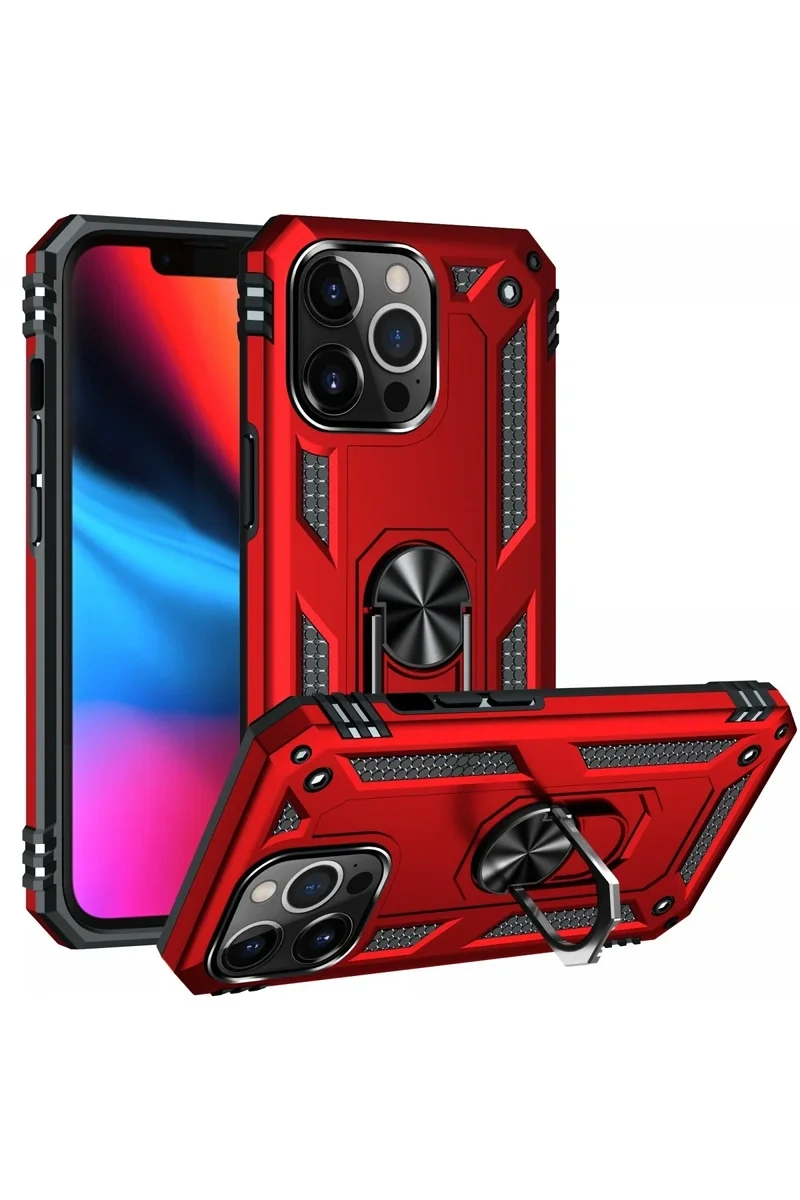 Newface İphone 13 Pro Max Kılıf Sofya Yüzüklü Silikon Kapak - Kırmızı