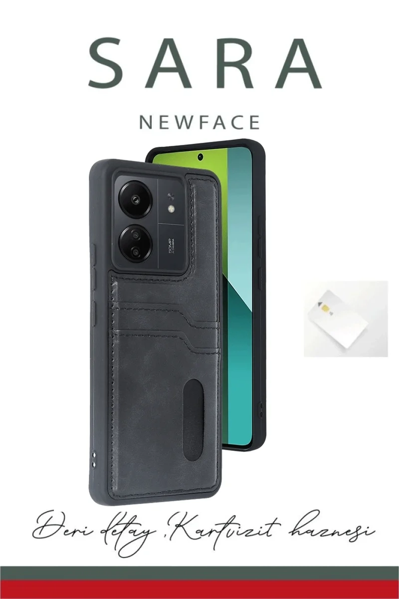 Newface Xiaomi Redmi 13c Kılıf Sara Kartvizitli Deri Kılıf - Siyah