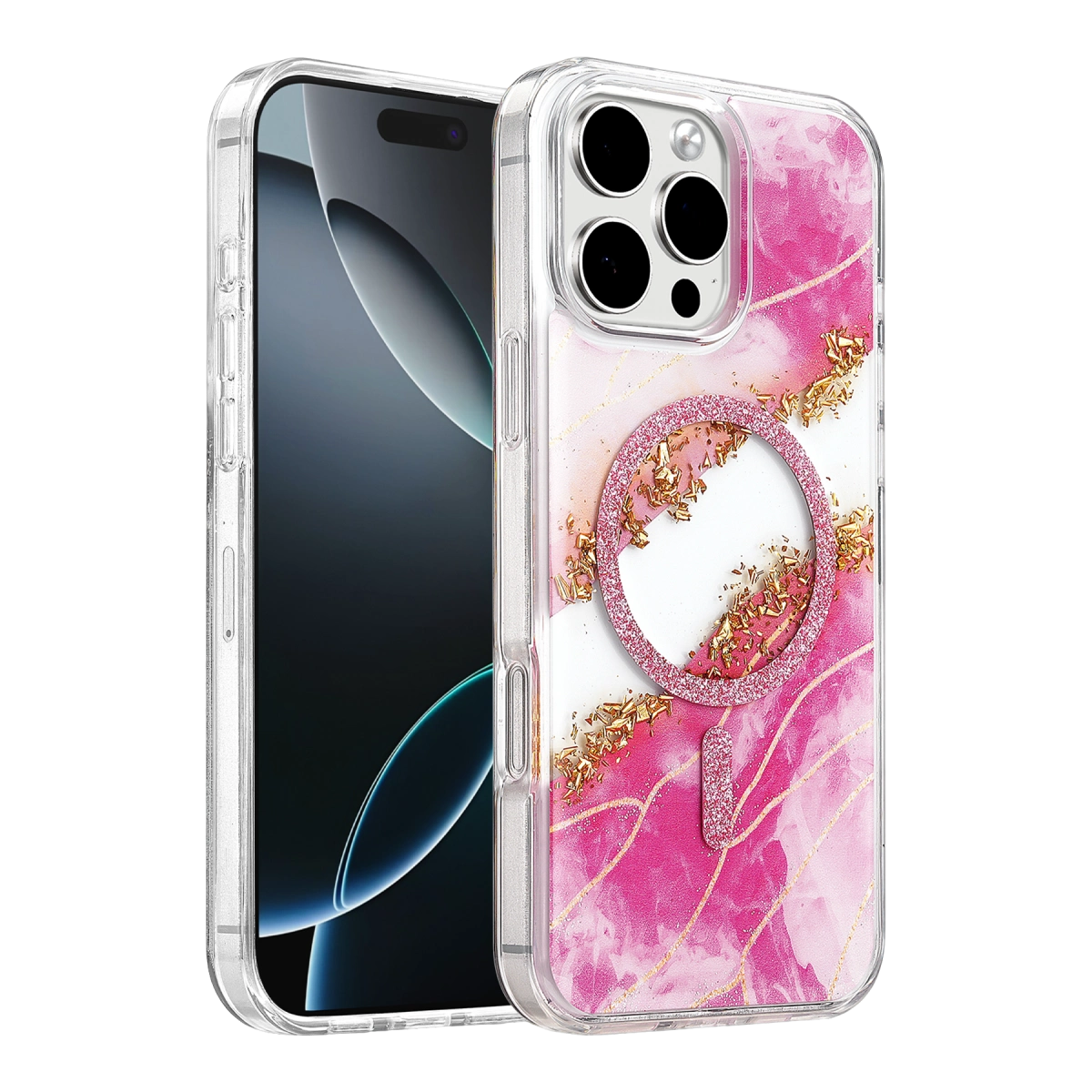 Onegif Apple İphone 16 Pro Max Lotus Simli Magsafe Kapak - Pembe