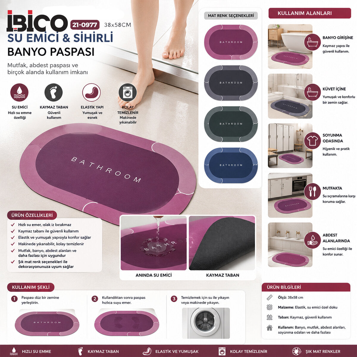 Oval - Mat Renkler 38X58CM Su Emici - Sihirli Banyo Paspası Elastik