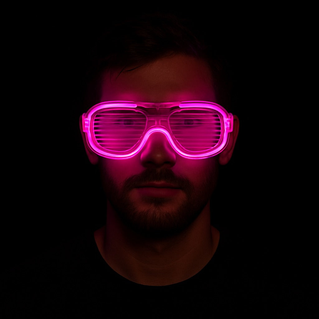 Pembe Led Işıklı Parti Gözlüğü - Neon Glow Şerit Gözlük 3 Modlu (5643)