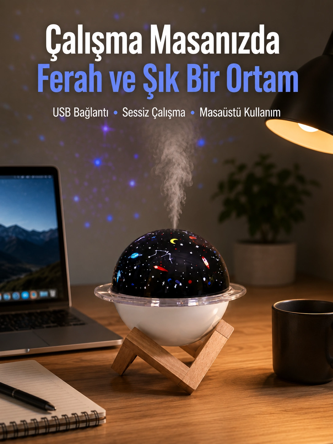 Projektör Işıklı Ve Aromaterapi Destekli Taşınabilir Nemlendirici Cihaz Usb Bağlantılı