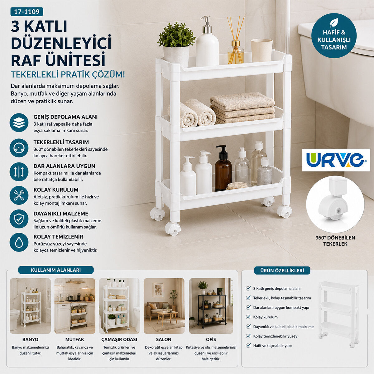 RAFTY 3 KATLI TEKERLEKLİ SEPET ORGANİZER DÜZENLEYİCİ RAF ÜNİTESİ 465X145X480MM (5643)