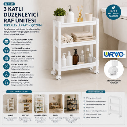 RAFTY 3 KATLI TEKERLEKLİ SEPET ORGANİZER DÜZENLEYİCİ RAF ÜNİTESİ 465X145X480MM (5643)